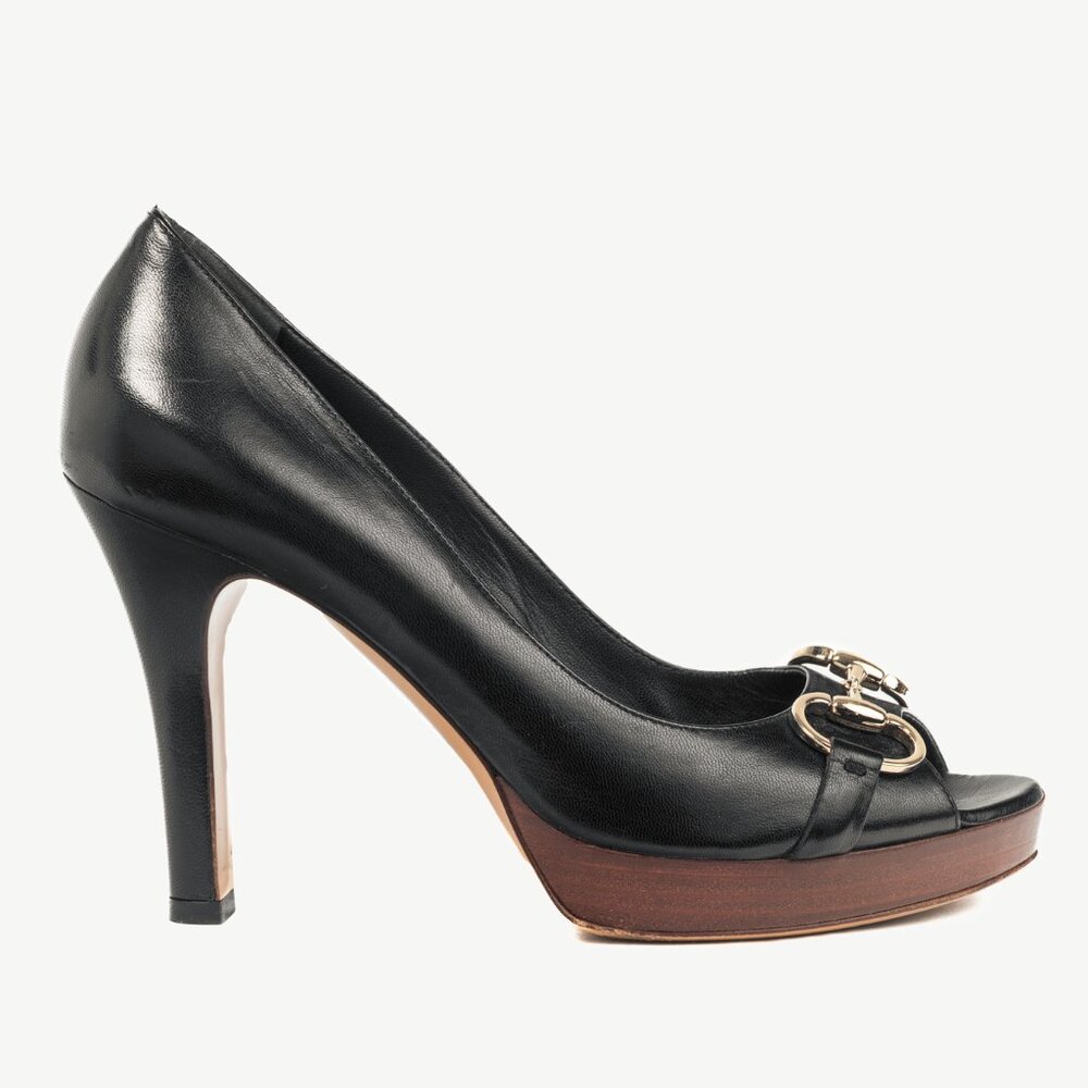 Gucci Black Leather Horsebit Peep-Toe Platform Pumps